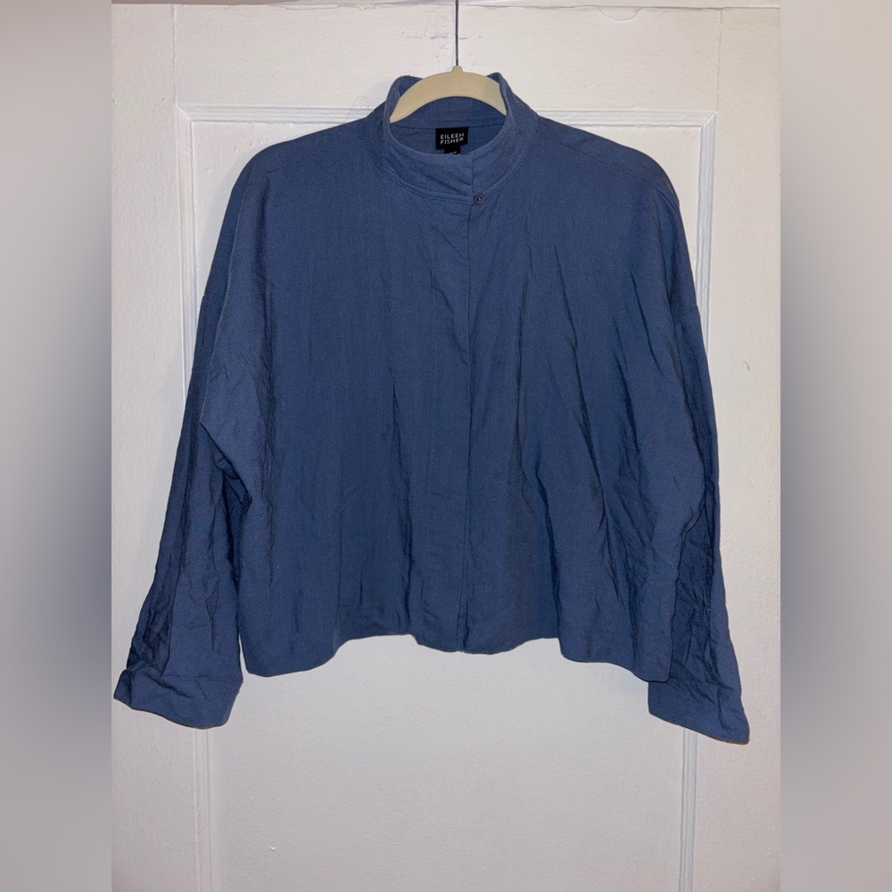 Eileen Fisher Wool Blue Stand Collar Hidden Placket Crop Boxy Top Shirt Small